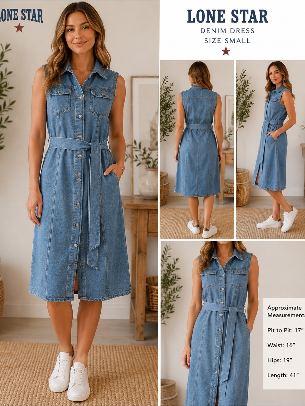 NWT Lone Star Denim Shirt Dress Belted Button Front Midi Size Small